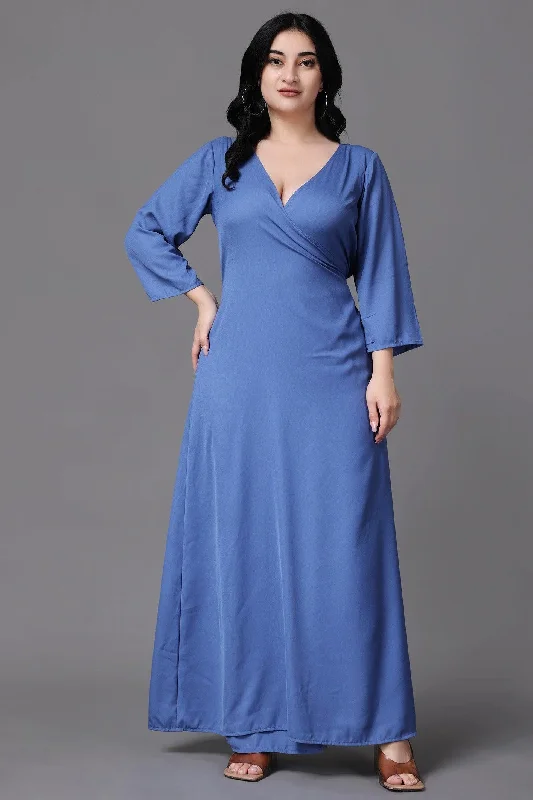 Blue Solid Wrap Around Maxi Dress Cozy Maxi Dress with Slit