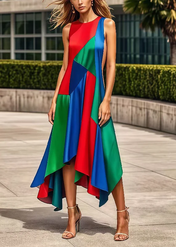 Bohemian Multicolor Asymmetrical Patchwork Silk Maxi Dresses Summer Cozy Wrap Maxi Dress