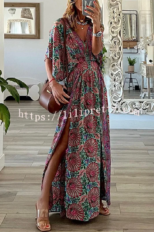 Lilipretty Bohemian Ways Batwing Sleeve Slit Maxi Dress Elegant Boho Maxi Dress