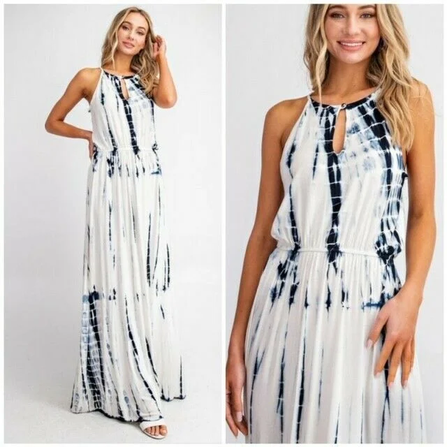 Boho White & Blue Tie Dye Summer Long Maxi Dress Casual Womens Elegant Boho Maxi Dress