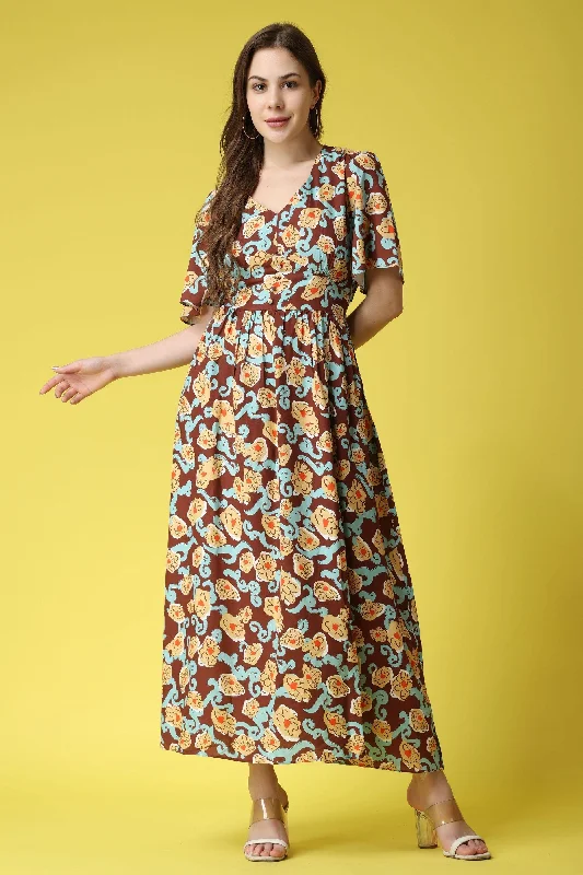 Brown Floral Printed Maxi Dress Elegant Floral Maxi Dress