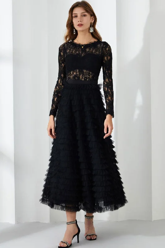 Chic Eyelash Lace Long Sleeve Tiered Ruffle Tulle Evening Maxi Dress - Black Comfortable Plunging Neckline Maxi Dress