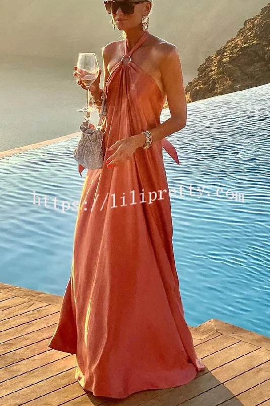 Lilipretty Classy and Fabulous Satin Halter Backless Maxi Dress Stylish Button-Up Maxi Dress