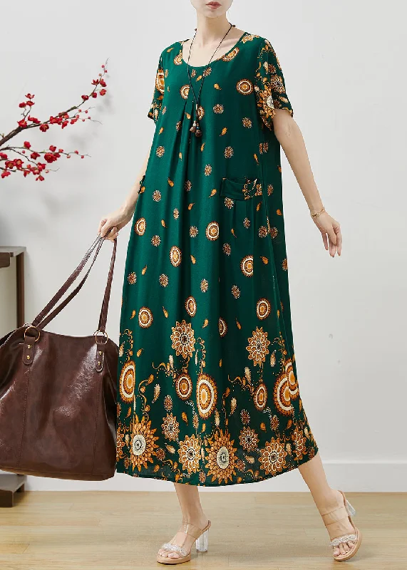 Classy Green Oversized Print Cotton Maxi Dress Summer Trendy Maxi Dress with Belt