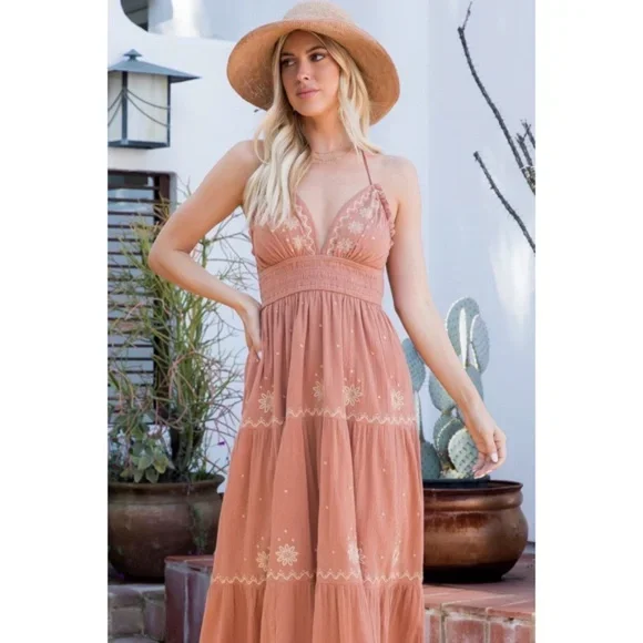 Sandstone Embroidered Floral Smocked Waist Gauze Summer Casual Halter Maxi Dress Cozy Cold-Shoulder Maxi Dress