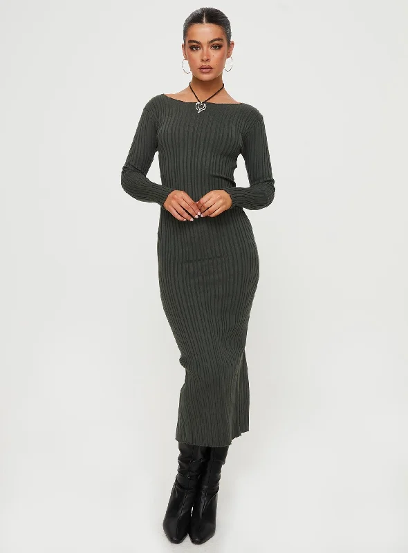 Dossett Long Sleeve Maxi Dress Green Trendy Fit-and-Flare Maxi Dress