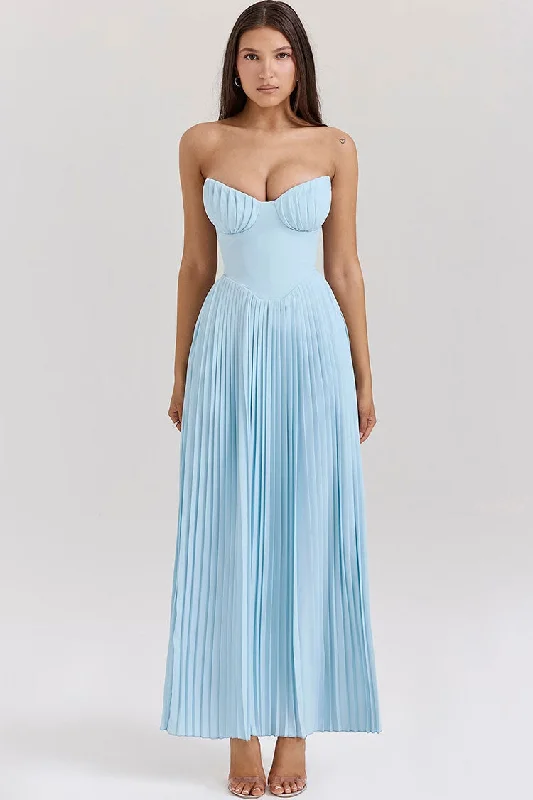 Elegant Sweetheart Strapless Bustier Drop Waist Pleated Evening Maxi Dress Trendy Button Front Maxi Dress