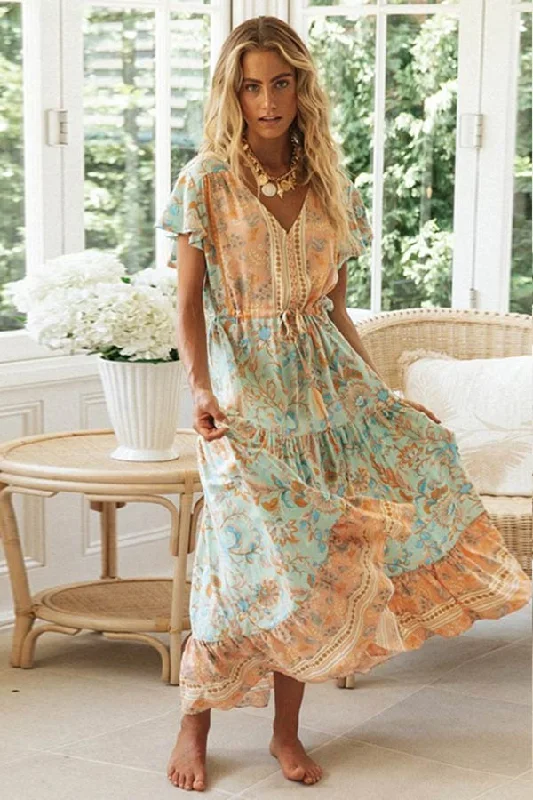 Zjkrl - Fashion Bohemian Style Single Breasted Maxi Dress Cozy Ruffle Sleeve Maxi Dress