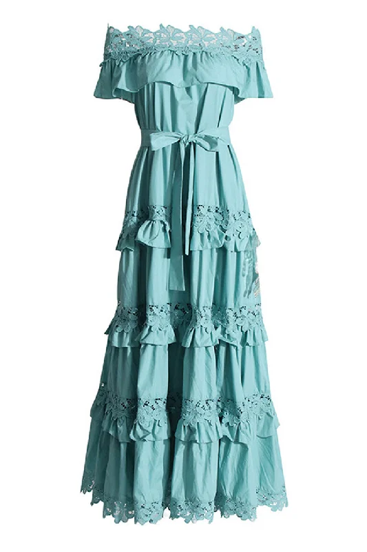 Flowy Guipure Lace Off Shoulder Belted Tiered Ruffle Beach Vacation Maxi Dress Stylish Empire Waist Maxi Dress