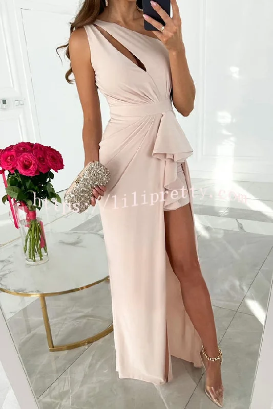 Lilipretty Forever Luxe One Shoulder Cutout Ruffle Split Maxi Dress Elegant Sleeveless Maxi Dress