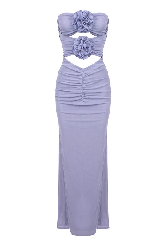 Glamorous Rosette Strapless Cutout Gathered Mesh Evening Maxi Dress Cozy Ruffle Sleeve Maxi Dress