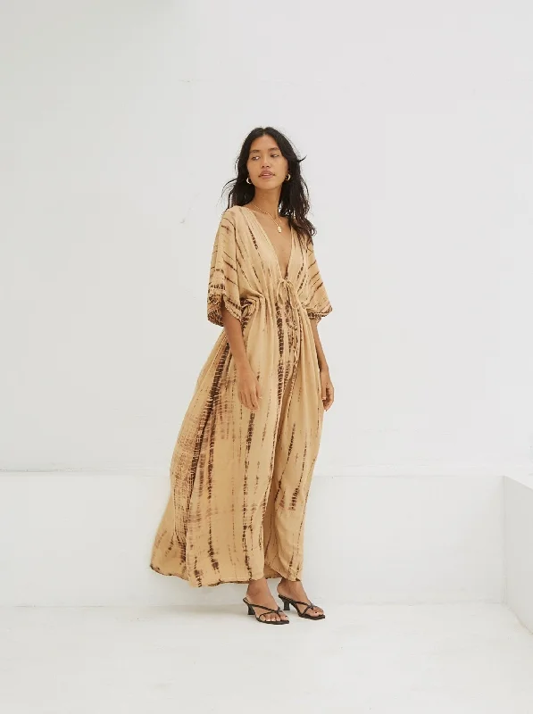 Goddess Tie Dye Kaftan Maxi Dress - Tan Comfortable Ruffle Maxi Dress