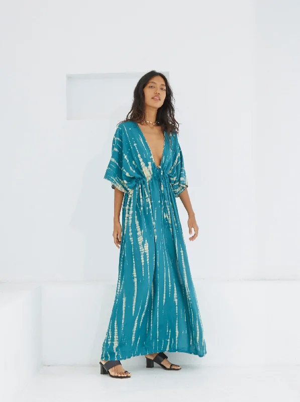 Goddess Tie Dye Kaftan Maxi Dress - Teal Chic Button-Up Maxi Dress