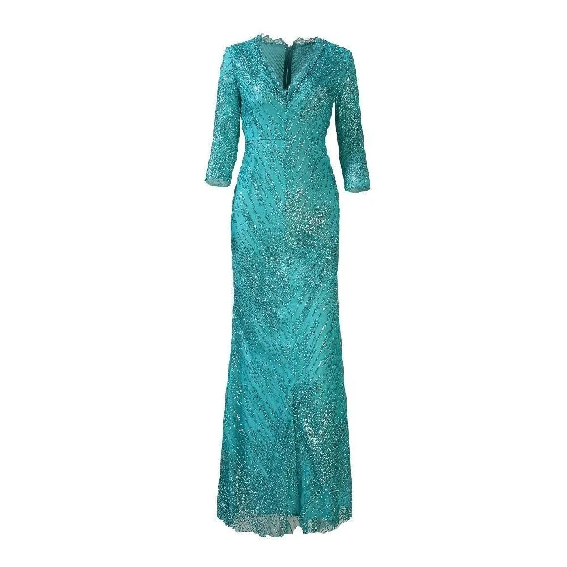 Green Beaded Sequined V-Neck Three Quarter Sleeve Maxi Dress Stylish Boho Maxi Dress