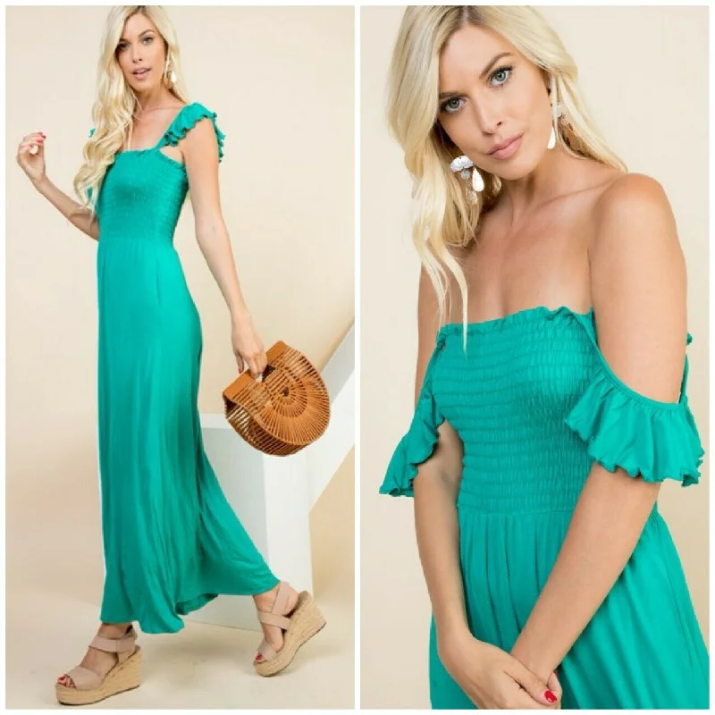 Green Smocked Pockets On Off Shoulder Maxi Dress Casual Womens Elegant Maxi Dress with Slit