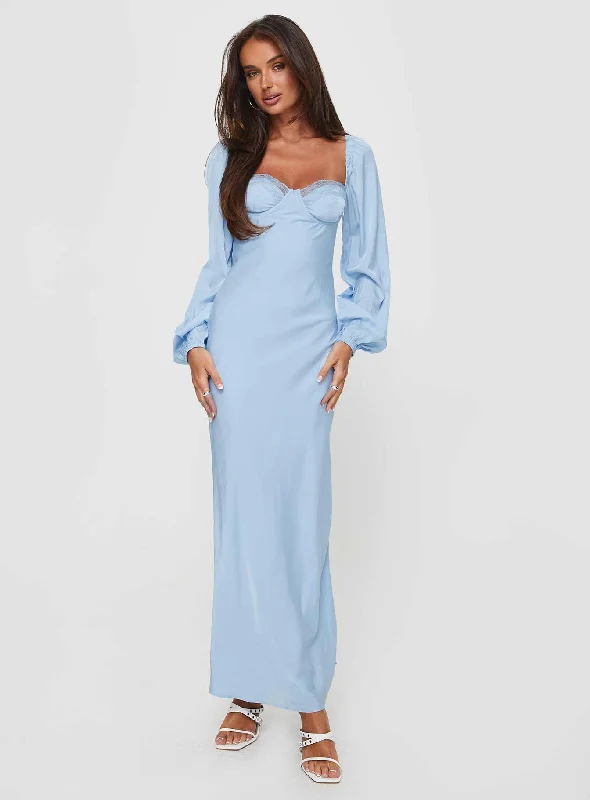 Hazel Long Sleeve Maxi Dress Blue Stylish A-Line Maxi Dress