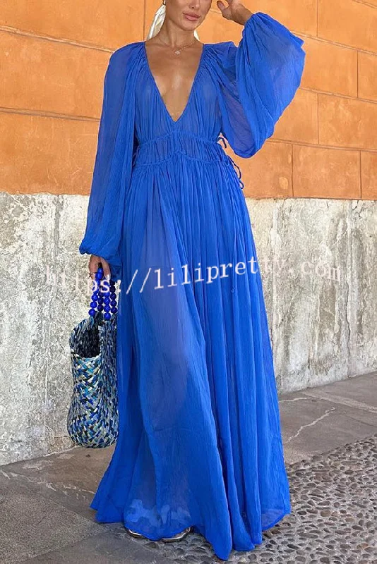 Lilipretty® Blue Gemstone Chiffon Ruched Gathered Waist Maxi Dress Fashionable High-Waist Maxi Dress