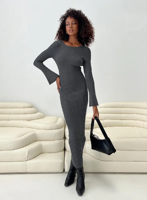 Heleni Long Sleeve Maxi Dress Grey Comfortable Ruffle Hem Maxi Dress