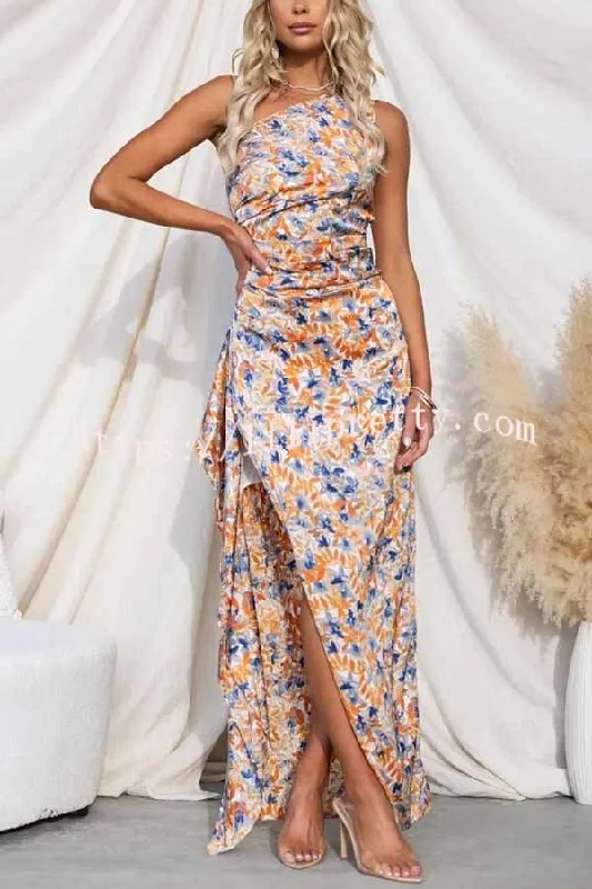 Lilipretty Intense Love Floral One Shoulder Asymmetrical Ruffle Trim Maxi Dress Cozy Spaghetti Strap Maxi Dress