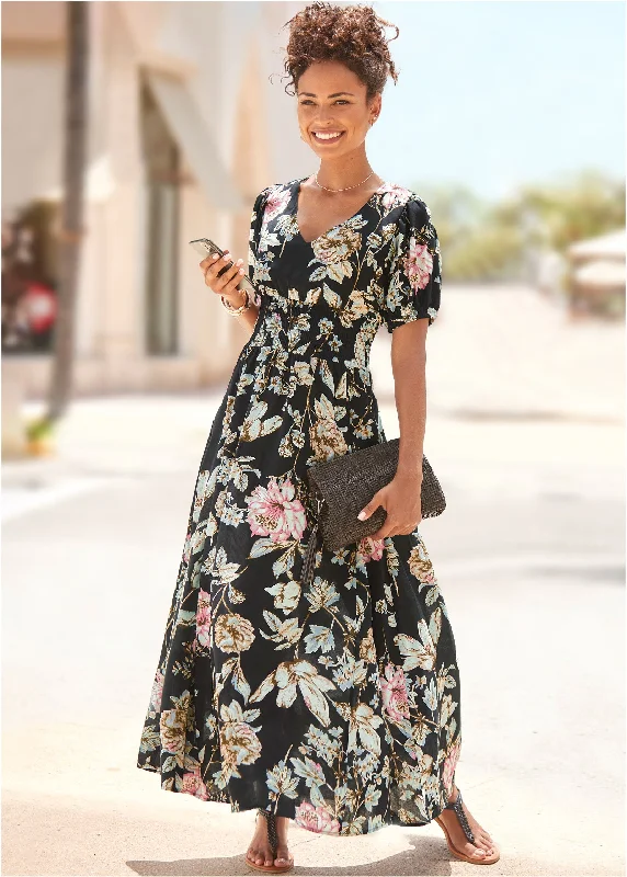 Floral Maxi Dress - Black Multi Fashionable Open-Back Maxi Dress