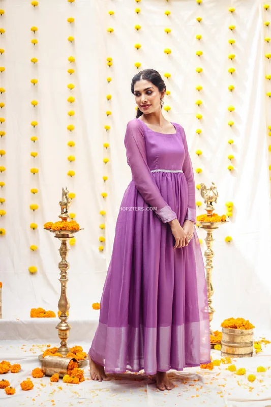 Lavendar Georgette Maxi Dress With Silver Zari Border Cozy Maxi Dress with Slit