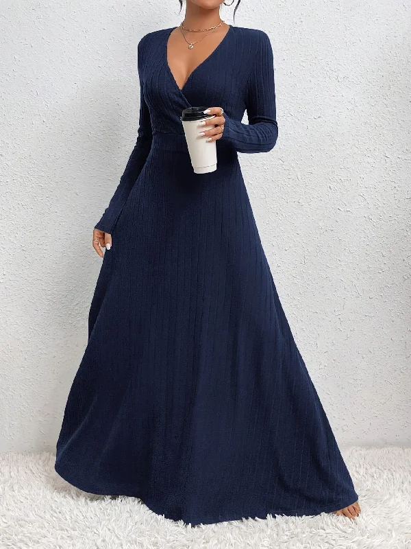 Long Sleeve Elegant Fit and Flare Maxi Dress - Soft Micro Elasticity Polyester Fabric, V-Neck Ribbed Surplice Neck, Machine Washable, Customized Style for Women - Perfect for Spring and Fall Seasons Trendy Maxi Dress with Lace