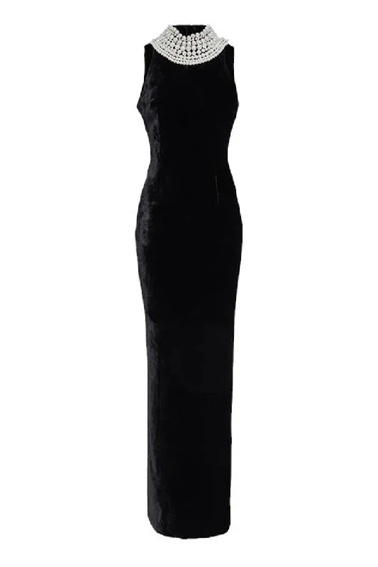 Luxury Faux Pearl Layered Chain Backless Sleeveless Velvet Evening Maxi Dress Comfortable Plunging Neckline Maxi Dress