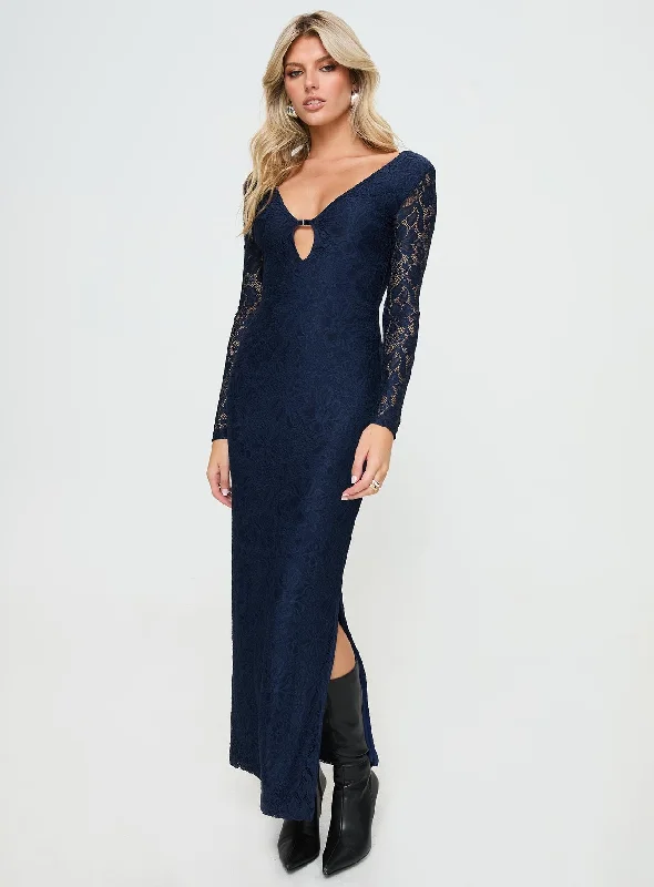 Marceline Long Sleeve Maxi Dress Navy Trendy Button Front Maxi Dress