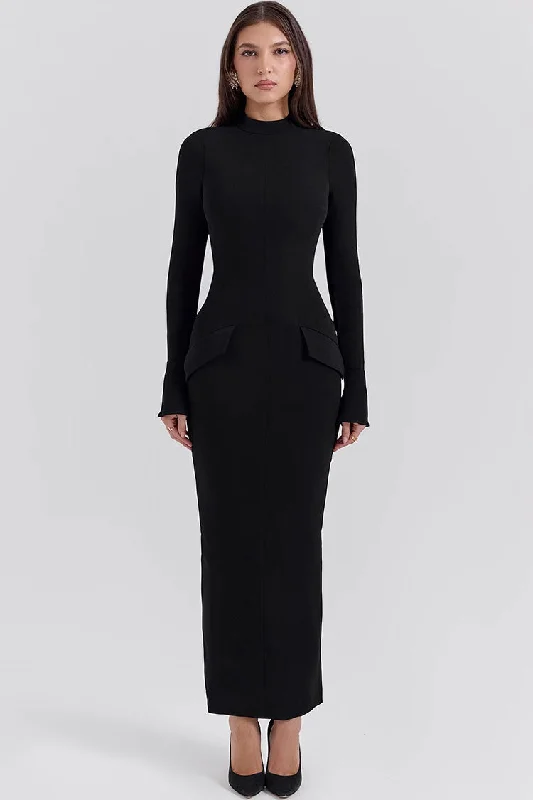 Minimalist High Neck Flap Trim Long Sleeve Split Bodycon Evening Maxi Dress Cozy Cold-Shoulder Maxi Dress