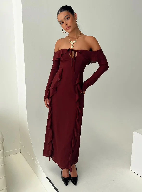 Molins Off The Shoulder Maxi Dress Burgundy Stylish V-Neck Maxi Dress