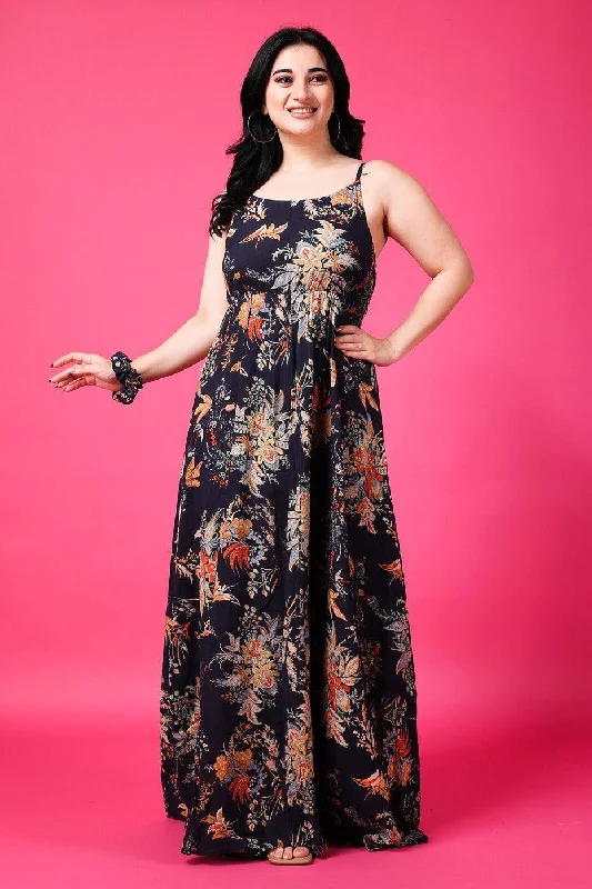 Navy Blue Floral Printed Maxi Dress Elegant Silk Maxi Dress