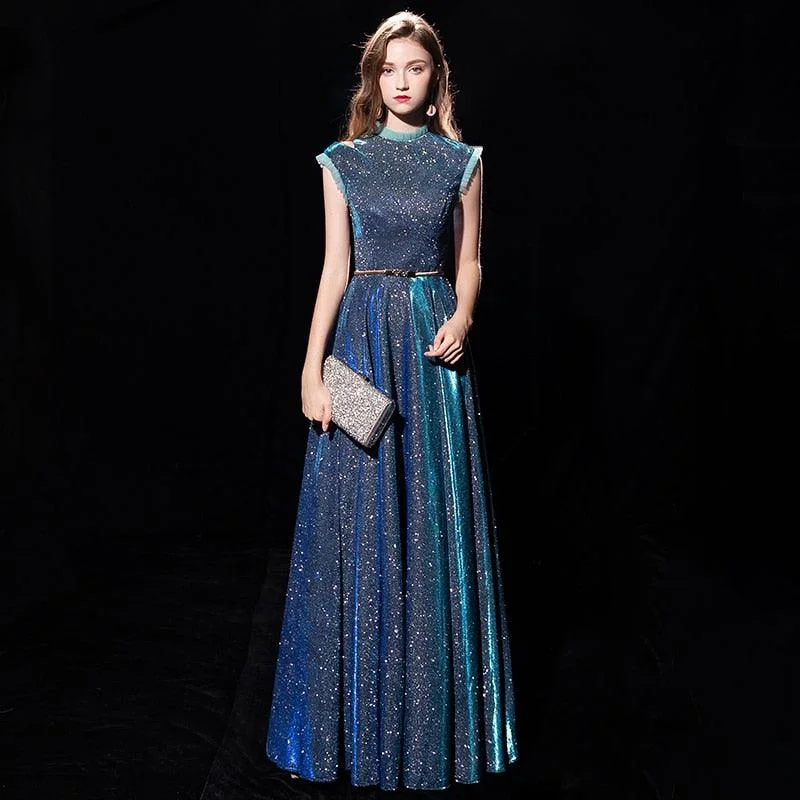 Noble Starry Sky Gowns Floor-length Evening Party Blue Maxi Dress Elegant Maxi Dress with Belt