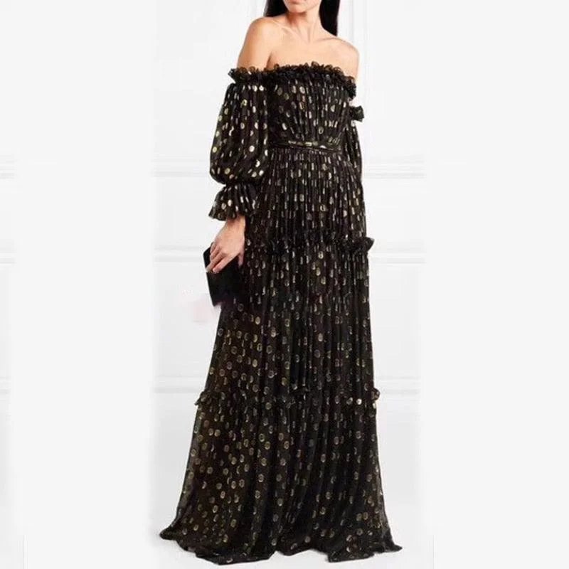 Off Shoulder Sexy Puff Long Sleeve Leopard Maxi Dress Trendy Maxi Dress with Belt