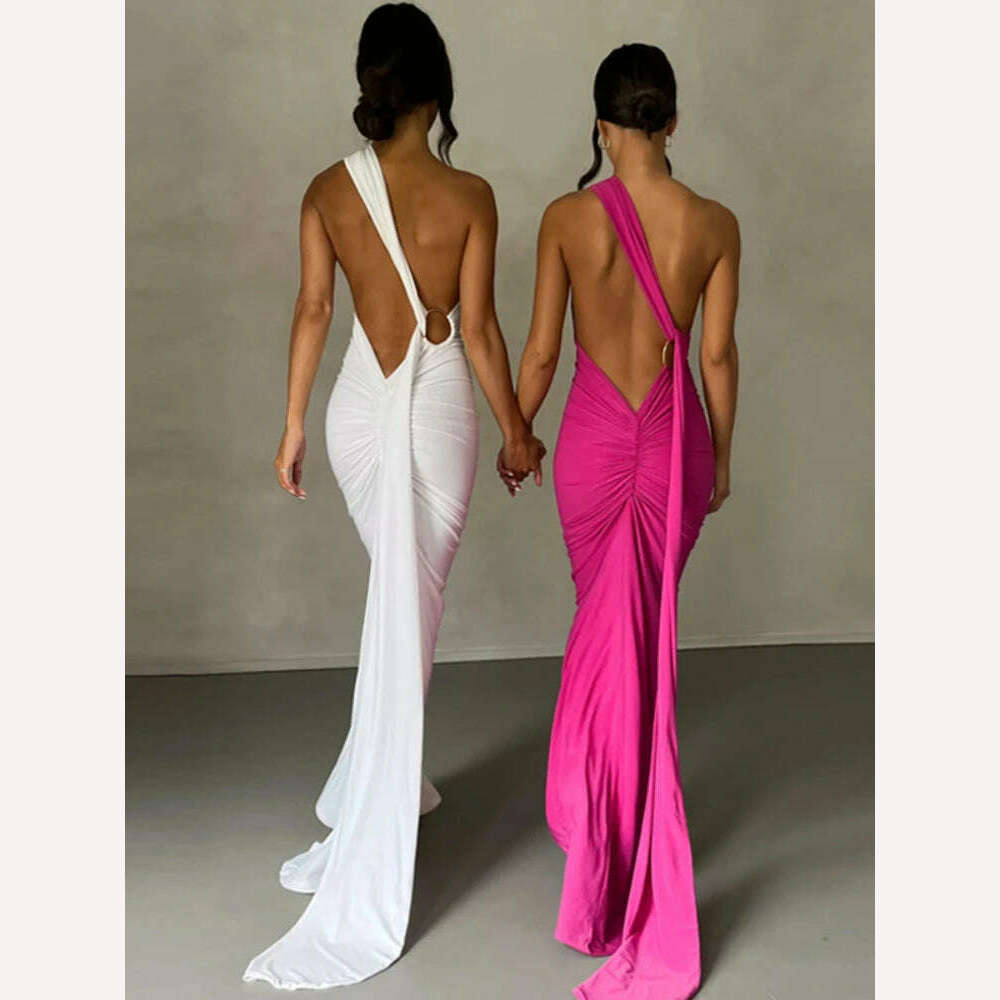 One Shoulder Backless Adjustable Scarf Loop Ruched Sexy Maxi Dress 2024 Women Elegant Y2K Vintage Dress Fashion Summer Robe Size Elegant Tiered Maxi Dress