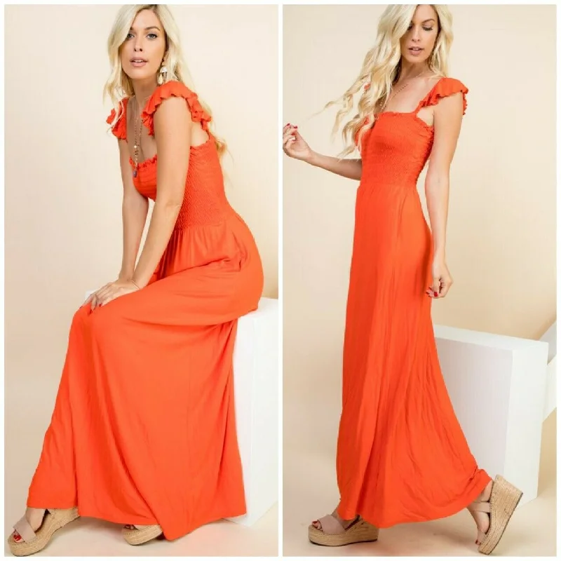 Orange Smocked Pockets On Off Shoulder Maxi Dress Casual Womens Comfortable Ruffle Hem Maxi Dress