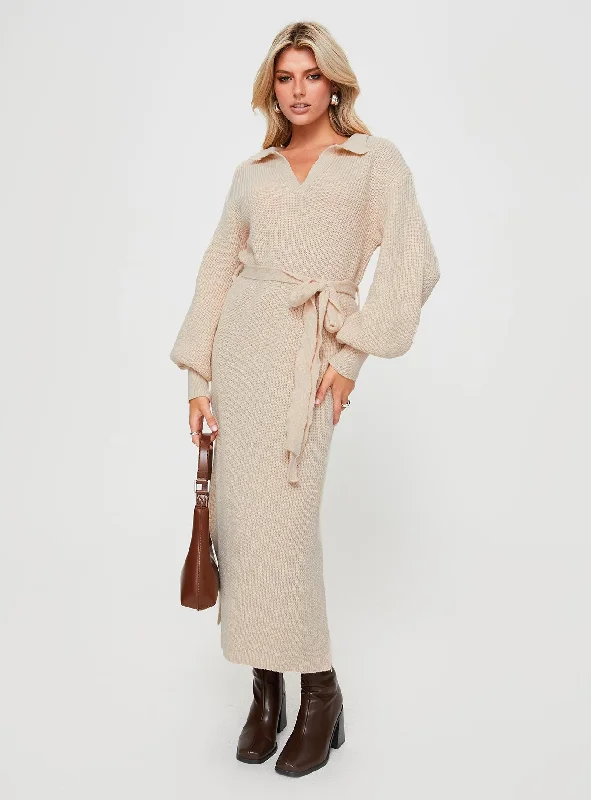 Oriel Long Sleeve Knit Maxi Dress Beige Stylish Longline Maxi Dress