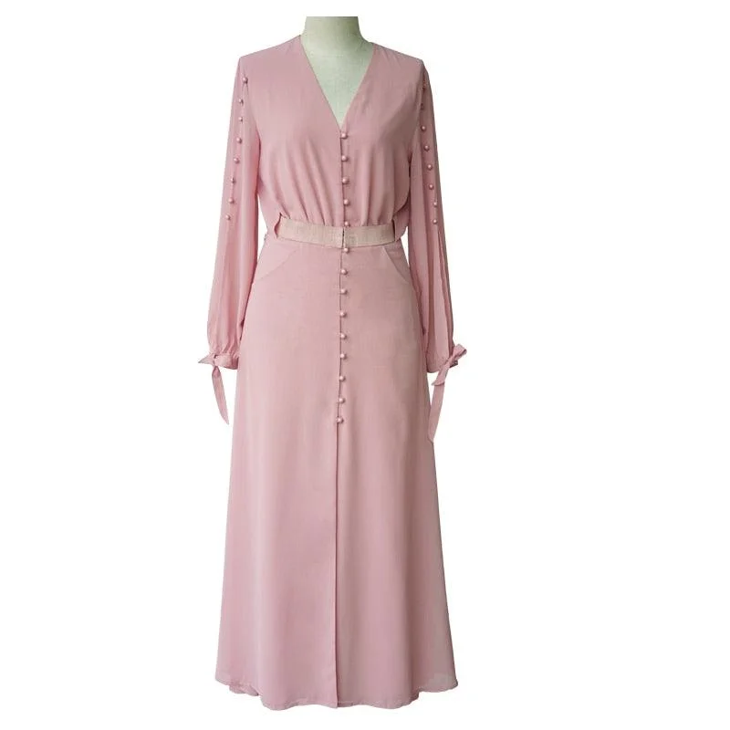 Pink Lantern Sleeve V-neck Buttons Pleated Chiffon Maxi Dress Elegant Maxi Dress with Drapes