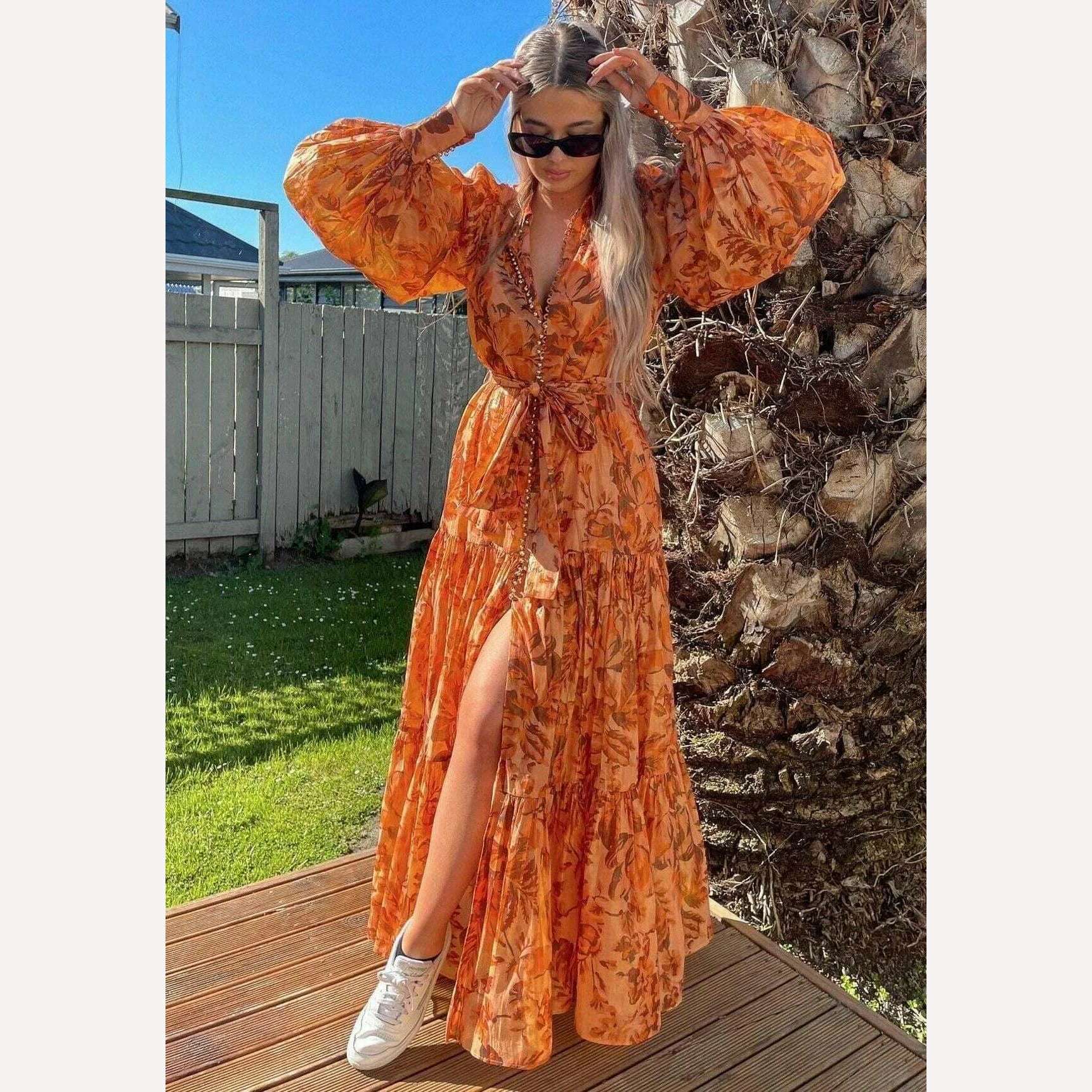 Pinkoz runway designer summer spring orange printed maxi dress single breasted lantern sleeve long party holiday vestidos sashes Classic Strapless Maxi Dress