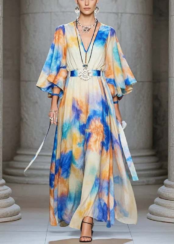 Plus Size Cinched Tie Dye Chiffon Maxi Dresses Flare Sleeve Casual Maxi Dress with Pockets