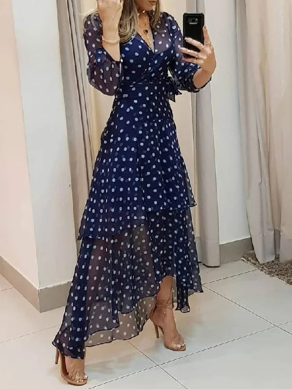 Polkadot Print Layered Ruffles Maxi Dress Fashionable High-Waist Maxi Dress