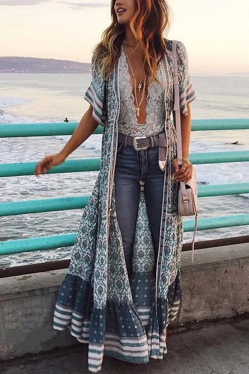 Print V Neck Short Sleeve Maxi Dress Chic Boho Print Maxi Dress