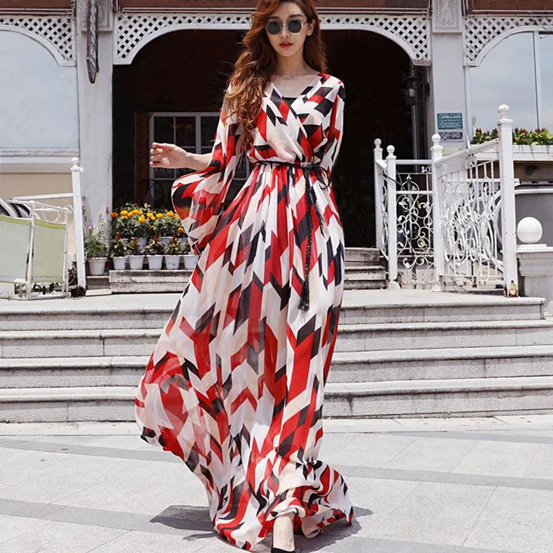 Red and White Chiffon Print Floral Maxi Dress Stylish Pleated A-Line Maxi Dress