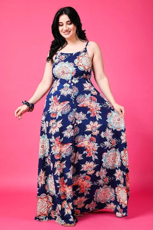 Royal Blue Floral Printed Maxi Dress Comfortable Plunging Neckline Maxi Dress