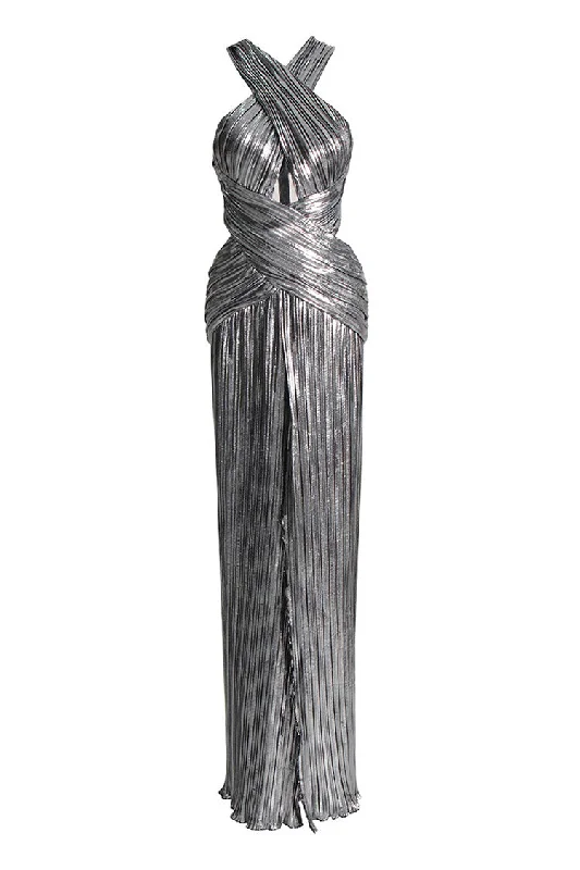 Sexy Crossover Neck Cut Out Metallic Pleated Split Evening Maxi Dress Elegant Maxi Dress with Pockets