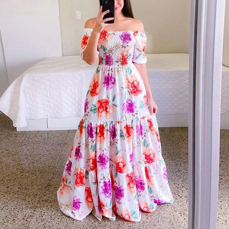 Zjkrl Sexy Off The Shoulder Tube Top Dress Butterfly Rainbow Floral Print Dress Ladies Elegant Slim Summer Bohemian Party Maxi Dresses Chic Summer Maxi Dress