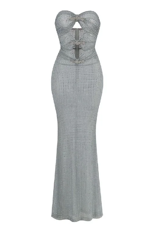 Shiny Crystal Bow Cutout Strapless Sheer Mesh Mermaid Evening Maxi Dress Cozy Knit Maxi Dress