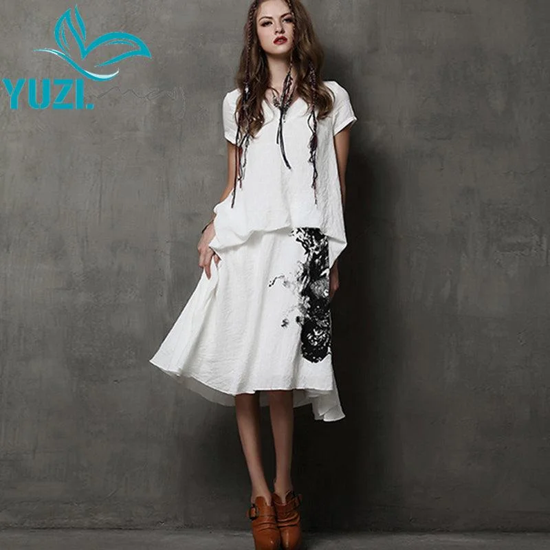 Short Sleeve V-Neck Ink-Painting Print Maxi Dresses Fashionable High-Low Maxi Dress