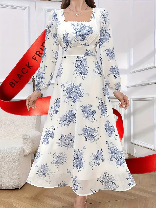 Stunning Floral Print Square Neck A-line Maxi Dress - Women's Elegant Long Sleeve Dresses for Spring & Fall - Comfortable, Flowy, and Versatile Clothing for Various Occasions Comfortable Pleated Maxi Dress