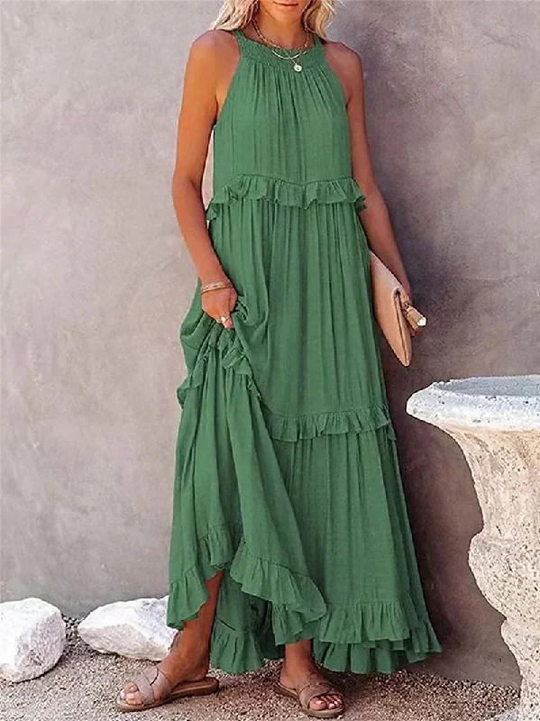 Summer Loose Long Dress Women Casual Elegant Ruffle Halter Sleeveless Female Party Outfits Beach Maxi Dresses Green Tie-Up Robe Stylish Maxi Dress with Pleats