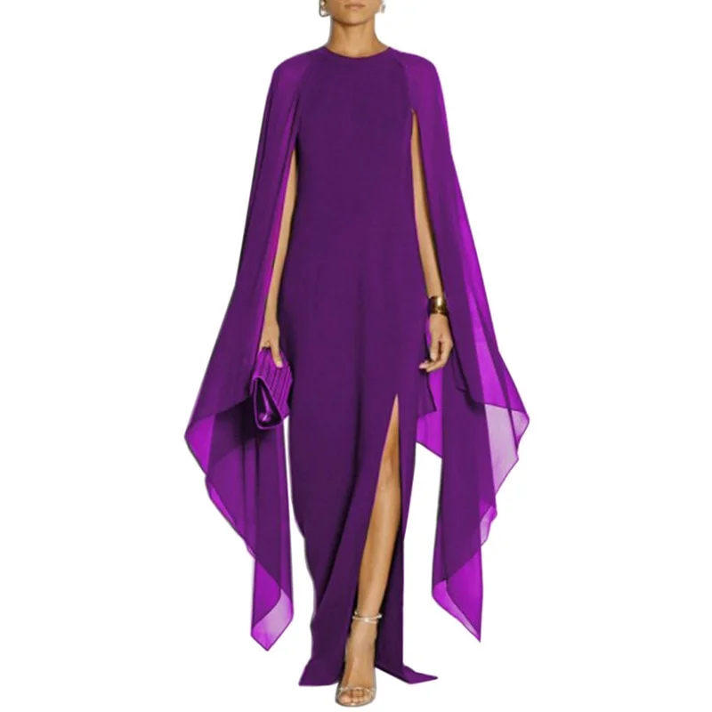 Zjkrl Summer Maxi Dresses for Women Evening Party Chiffon Cape Sexy Long Dress Female High Slit Vestidos De Mujer Feminino Robe Femme Casual Maxi Dress with Pockets